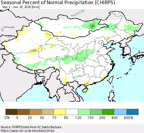 China and Taiwan Seasonal Percent of Normal Precipitation (CHIRPS) Thematic Map For 9/1/2019 - 6/20/2020