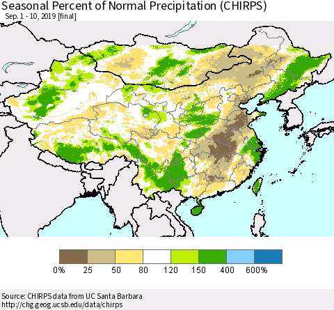 China and Taiwan Seasonal Percent of Normal Precipitation (CHIRPS) Thematic Map For 9/1/2019 - 9/10/2019
