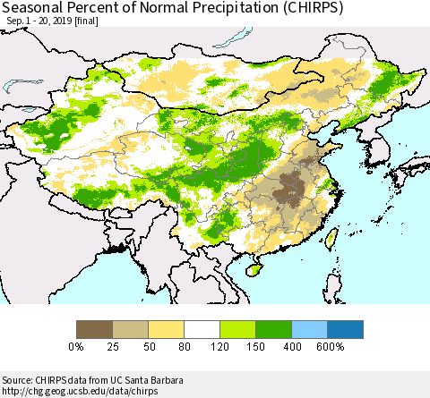 China and Taiwan Seasonal Percent of Normal Precipitation (CHIRPS) Thematic Map For 9/1/2019 - 9/20/2019
