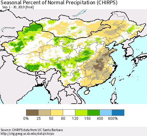 China and Taiwan Seasonal Percent of Normal Precipitation (CHIRPS) Thematic Map For 9/1/2019 - 9/30/2019