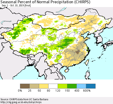 China and Taiwan Seasonal Percent of Normal Precipitation (CHIRPS) Thematic Map For 9/1/2019 - 10/10/2019