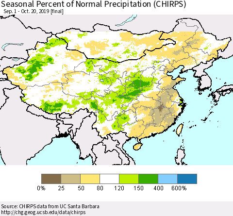 China and Taiwan Seasonal Percent of Normal Precipitation (CHIRPS) Thematic Map For 9/1/2019 - 10/20/2019