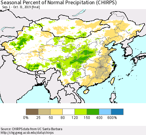 China and Taiwan Seasonal Percent of Normal Precipitation (CHIRPS) Thematic Map For 9/1/2019 - 10/31/2019