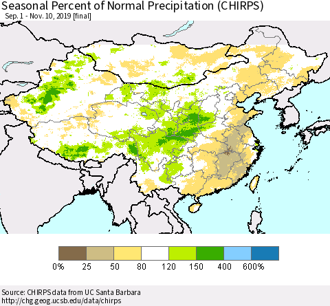 China, Mongolia and Taiwan Seasonal Percent of Normal Precipitation (CHIRPS) Thematic Map For 9/1/2019 - 11/10/2019