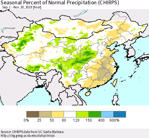 China and Taiwan Seasonal Percent of Normal Precipitation (CHIRPS) Thematic Map For 9/1/2019 - 11/20/2019