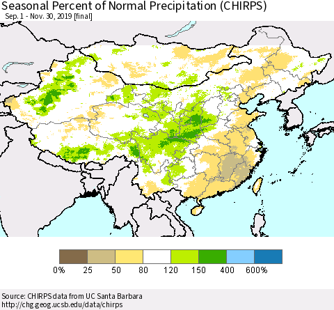 China and Taiwan Seasonal Percent of Normal Precipitation (CHIRPS) Thematic Map For 9/1/2019 - 11/30/2019