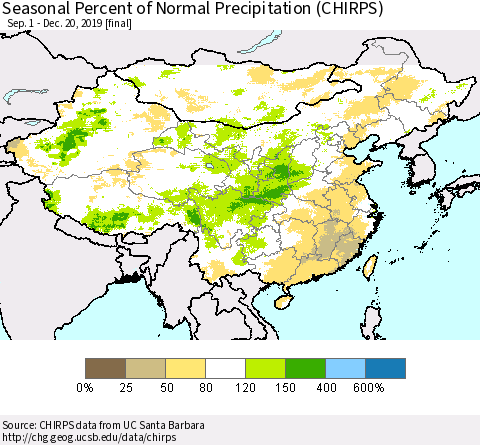 China, Mongolia and Taiwan Seasonal Percent of Normal Precipitation (CHIRPS) Thematic Map For 9/1/2019 - 12/20/2019
