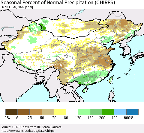 China, Mongolia and Taiwan Seasonal Percent of Normal Precipitation (CHIRPS) Thematic Map For 3/1/2020 - 3/20/2020