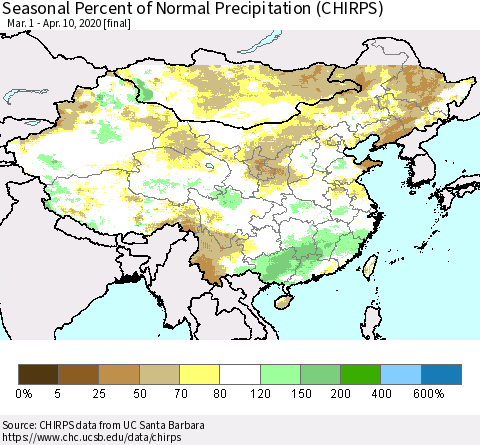 China, Mongolia and Taiwan Seasonal Percent of Normal Precipitation (CHIRPS) Thematic Map For 3/1/2020 - 4/10/2020