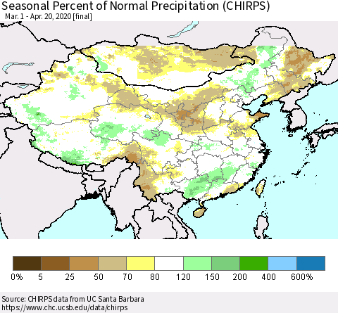 China, Mongolia and Taiwan Seasonal Percent of Normal Precipitation (CHIRPS) Thematic Map For 3/1/2020 - 4/20/2020