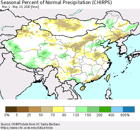 China, Mongolia and Taiwan Seasonal Percent of Normal Precipitation (CHIRPS) Thematic Map For 3/1/2020 - 5/10/2020