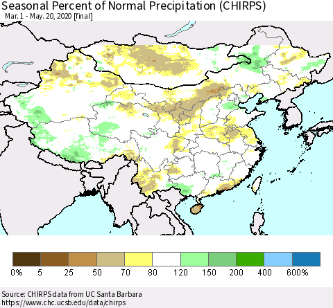 China, Mongolia and Taiwan Seasonal Percent of Normal Precipitation (CHIRPS) Thematic Map For 3/1/2020 - 5/20/2020