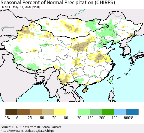China, Mongolia and Taiwan Seasonal Percent of Normal Precipitation (CHIRPS) Thematic Map For 3/1/2020 - 5/31/2020