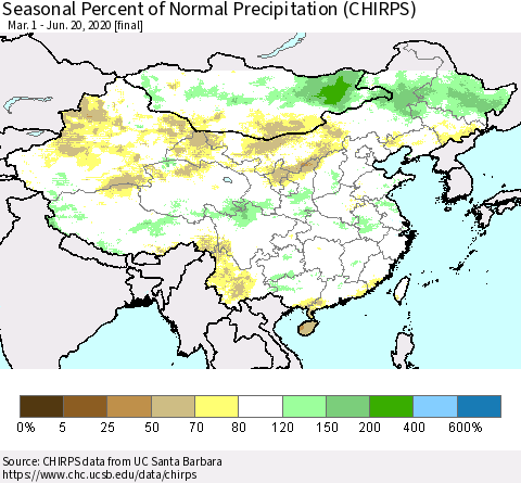 China, Mongolia and Taiwan Seasonal Percent of Normal Precipitation (CHIRPS) Thematic Map For 3/1/2020 - 6/20/2020