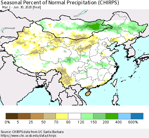 China, Mongolia and Taiwan Seasonal Percent of Normal Precipitation (CHIRPS) Thematic Map For 3/1/2020 - 6/30/2020