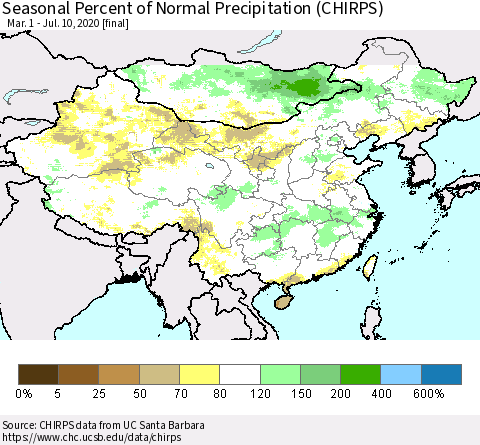 China, Mongolia and Taiwan Seasonal Percent of Normal Precipitation (CHIRPS) Thematic Map For 3/1/2020 - 7/10/2020