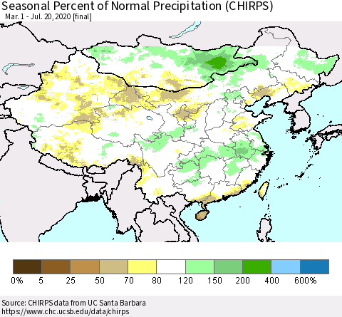 China, Mongolia and Taiwan Seasonal Percent of Normal Precipitation (CHIRPS) Thematic Map For 3/1/2020 - 7/20/2020