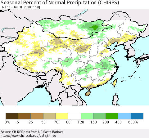 China, Mongolia and Taiwan Seasonal Percent of Normal Precipitation (CHIRPS) Thematic Map For 3/1/2020 - 7/31/2020