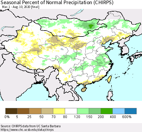China, Mongolia and Taiwan Seasonal Percent of Normal Precipitation (CHIRPS) Thematic Map For 3/1/2020 - 8/10/2020