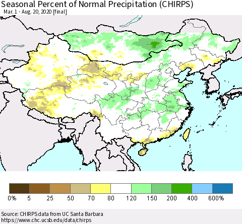China, Mongolia and Taiwan Seasonal Percent of Normal Precipitation (CHIRPS) Thematic Map For 3/1/2020 - 8/20/2020