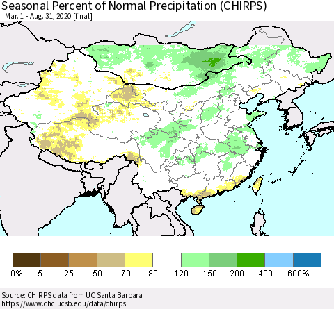 China, Mongolia and Taiwan Seasonal Percent of Normal Precipitation (CHIRPS) Thematic Map For 3/1/2020 - 8/31/2020