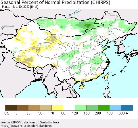 China, Mongolia and Taiwan Seasonal Percent of Normal Precipitation (CHIRPS) Thematic Map For 3/1/2020 - 9/10/2020