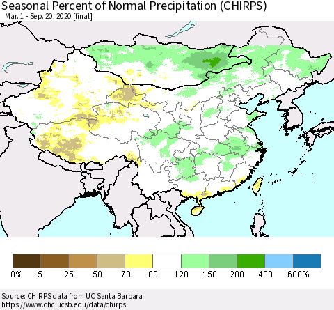 China, Mongolia and Taiwan Seasonal Percent of Normal Precipitation (CHIRPS) Thematic Map For 3/1/2020 - 9/20/2020