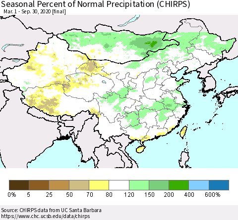 China, Mongolia and Taiwan Seasonal Percent of Normal Precipitation (CHIRPS) Thematic Map For 3/1/2020 - 9/30/2020