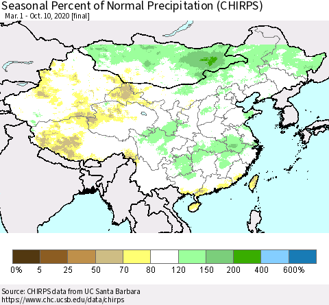 China, Mongolia and Taiwan Seasonal Percent of Normal Precipitation (CHIRPS) Thematic Map For 3/1/2020 - 10/10/2020