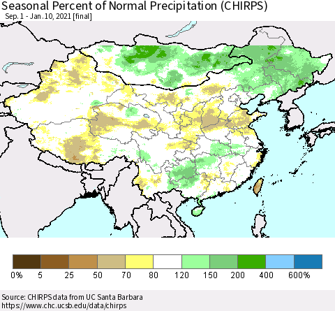 China, Mongolia and Taiwan Seasonal Percent of Normal Precipitation (CHIRPS) Thematic Map For 9/1/2020 - 1/10/2021