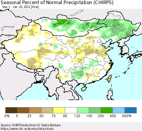 China, Mongolia and Taiwan Seasonal Percent of Normal Precipitation (CHIRPS) Thematic Map For 9/1/2020 - 1/20/2021