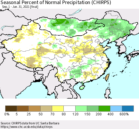 China, Mongolia and Taiwan Seasonal Percent of Normal Precipitation (CHIRPS) Thematic Map For 9/1/2020 - 1/31/2021