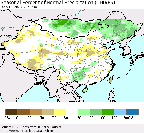 China, Mongolia and Taiwan Seasonal Percent of Normal Precipitation (CHIRPS) Thematic Map For 9/1/2020 - 2/20/2021