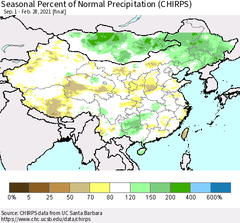 China, Mongolia and Taiwan Seasonal Percent of Normal Precipitation (CHIRPS) Thematic Map For 9/1/2020 - 2/28/2021