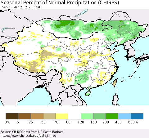 China, Mongolia and Taiwan Seasonal Percent of Normal Precipitation (CHIRPS) Thematic Map For 9/1/2020 - 3/20/2021