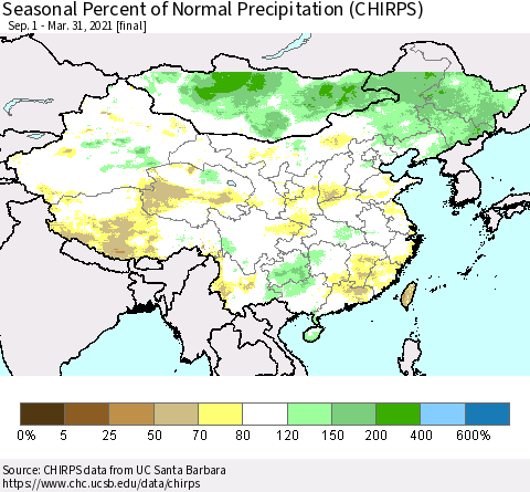 China, Mongolia and Taiwan Seasonal Percent of Normal Precipitation (CHIRPS) Thematic Map For 9/1/2020 - 3/31/2021