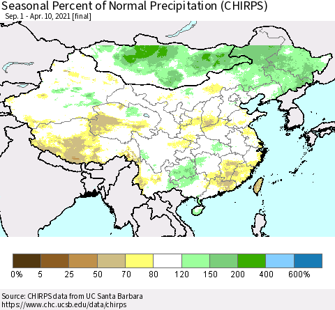 China, Mongolia and Taiwan Seasonal Percent of Normal Precipitation (CHIRPS) Thematic Map For 9/1/2020 - 4/10/2021