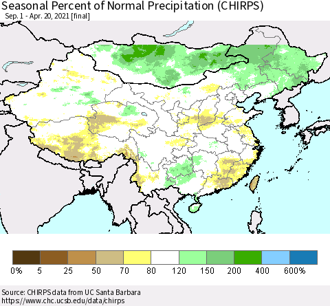 China, Mongolia and Taiwan Seasonal Percent of Normal Precipitation (CHIRPS) Thematic Map For 9/1/2020 - 4/20/2021