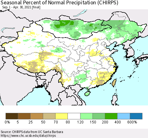 China, Mongolia and Taiwan Seasonal Percent of Normal Precipitation (CHIRPS) Thematic Map For 9/1/2020 - 4/30/2021
