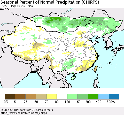 China, Mongolia and Taiwan Seasonal Percent of Normal Precipitation (CHIRPS) Thematic Map For 9/1/2020 - 5/10/2021