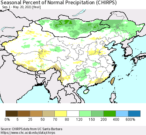 China, Mongolia and Taiwan Seasonal Percent of Normal Precipitation (CHIRPS) Thematic Map For 9/1/2020 - 5/20/2021