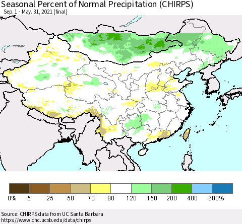China, Mongolia and Taiwan Seasonal Percent of Normal Precipitation (CHIRPS) Thematic Map For 9/1/2020 - 5/31/2021