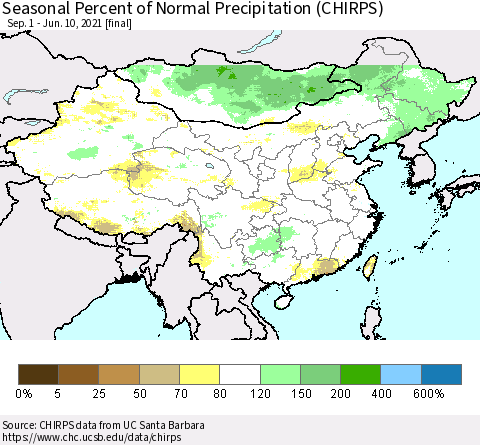 China, Mongolia and Taiwan Seasonal Percent of Normal Precipitation (CHIRPS) Thematic Map For 9/1/2020 - 6/10/2021