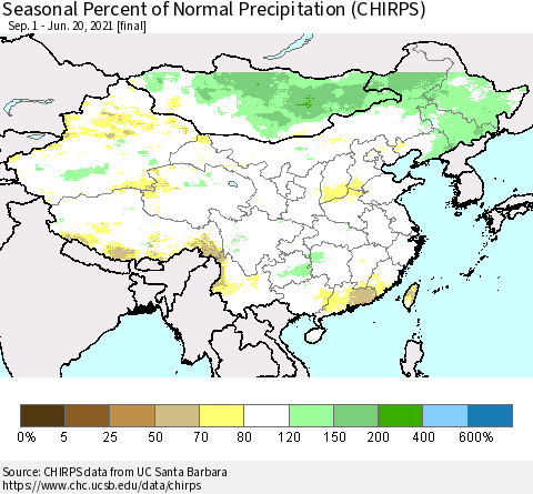China, Mongolia and Taiwan Seasonal Percent of Normal Precipitation (CHIRPS) Thematic Map For 9/1/2020 - 6/20/2021