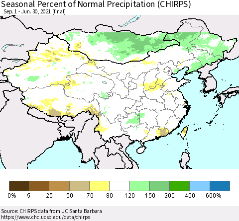 China, Mongolia and Taiwan Seasonal Percent of Normal Precipitation (CHIRPS) Thematic Map For 9/1/2020 - 6/30/2021