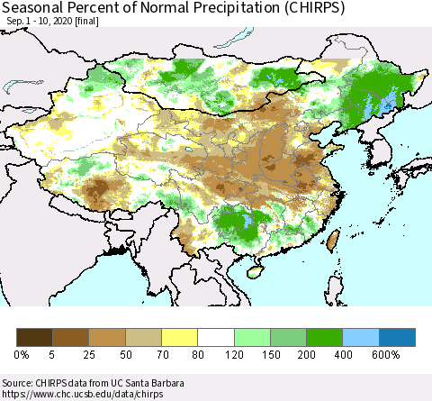 China, Mongolia and Taiwan Seasonal Percent of Normal Precipitation (CHIRPS) Thematic Map For 9/1/2020 - 9/10/2020
