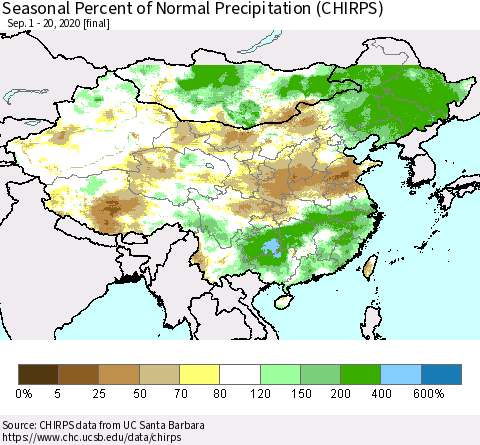 China, Mongolia and Taiwan Seasonal Percent of Normal Precipitation (CHIRPS) Thematic Map For 9/1/2020 - 9/20/2020