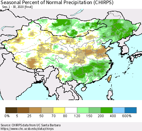 China, Mongolia and Taiwan Seasonal Percent of Normal Precipitation (CHIRPS) Thematic Map For 9/1/2020 - 9/30/2020