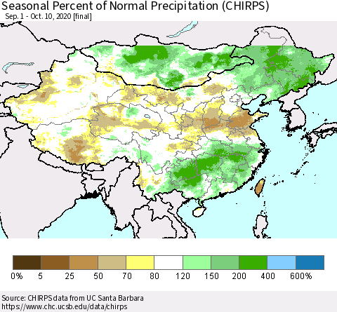 China, Mongolia and Taiwan Seasonal Percent of Normal Precipitation (CHIRPS) Thematic Map For 9/1/2020 - 10/10/2020