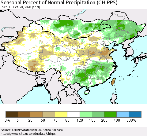 China, Mongolia and Taiwan Seasonal Percent of Normal Precipitation (CHIRPS) Thematic Map For 9/1/2020 - 10/20/2020